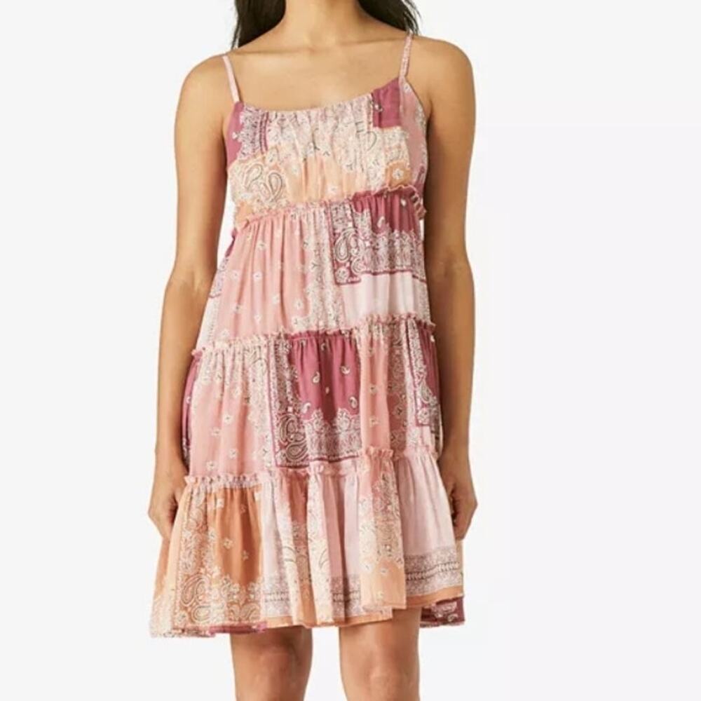 Lucky Brand Patchwork Dress Womens Medium Cotton A-Line Tiered Boho Peasant